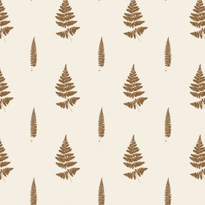 Small scale | Minimalistic forest fern leaves with fronds and leafy blades, modern Scandinavian botanical true to nature fern pattern in half drop repeat in caramel brown on off-white beige solid background