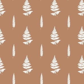 Small scale | Minimalistic forest fern leaves with fronds and leafy blades, modern Scandinavian botanical true to nature fern pattern in half drop repeat in pure white on rusty terracotta orange solid background