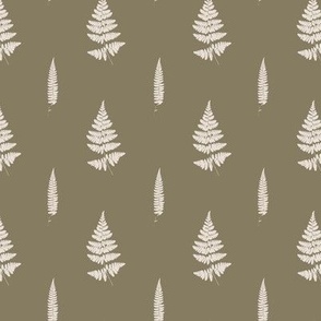 Small scale | Minimalistic forest fern leaves with fronds and leafy blades, modern Scandinavian botanical true to nature fern pattern in half drop repeat in off-white on sage green solid background