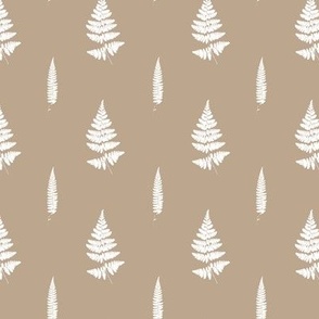 Small scale | Minimalistic forest fern leaves with fronds and leafy blades, modern Scandinavian botanical true to nature fern pattern in half drop repeat in pure white on sand beige solid background