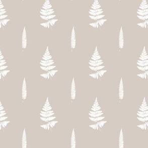 Small scale | Minimalistic forest fern leaves with fronds and leafy blades, modern Scandinavian botanical true to nature fern pattern in half drop repeat in pure white on light taupe grey solid background