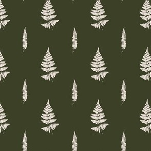 Small scale | Minimalistic forest fern leaves with fronds and leafy blades, modern Scandinavian botanical true to nature fern pattern in half drop repeat in off-white on dark green solid background