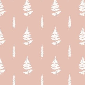 Small scale | Minimalistic forest fern leaves with fronds and leafy blades, modern Scandinavian botanical true to nature fern pattern in half drop repeat in pure white on blush pink rose solid background