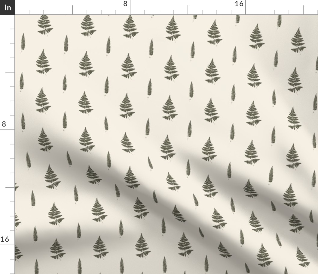 Small scale | Minimalistic forest fern leaves with fronds and leafy blades, modern Scandinavian botanical true to nature fern pattern in half drop repeat in dark green on eggshell white solid background