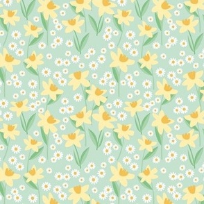 Daffodils and daisies - springtime flowers and leaves summer garden colorful vanilla yellow mint jade green