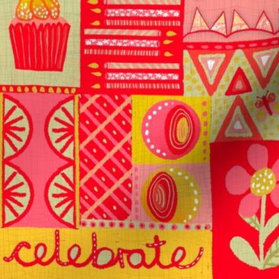 Let’s Party half drop block design multicoloured with linen effect, celebrate typography, bunting, cupcake, candles 18” repeat bright scarlet red, yellow and pink