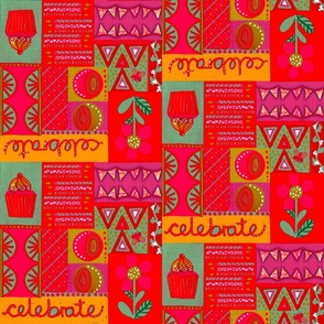 Let’s Party half drop block design multicoloured with linen effect, celebrate typography, bunting, cupcake, candles 18” repeat bright red and yellow