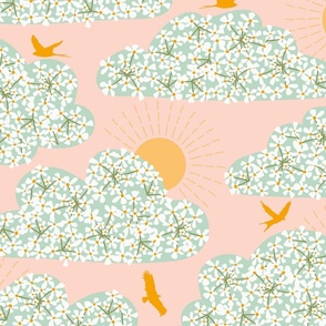 Rising Sun behind floral clouds on Pink - MEDIUM