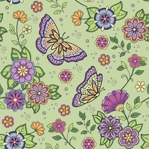 Butterflies and Flowers on Light Green–Large Scale