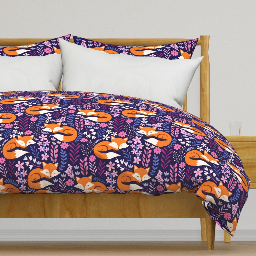 Sleepy Fox Sweet Dreams, Foxes and Floral, Fox Fabric, Cute Fox Print - Dark Indigo