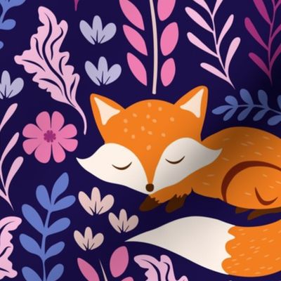 Sleepy Fox Sweet Dreams, Foxes and Floral, Fox Fabric, Cute Fox Print - Dark Indigo