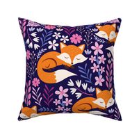 Sleepy Fox Sweet Dreams, Foxes and Floral, Fox Fabric, Cute Fox Print - Dark Indigo