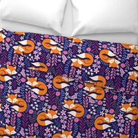 Sleepy Fox Sweet Dreams, Foxes and Floral, Fox Fabric, Cute Fox Print - Dark Indigo