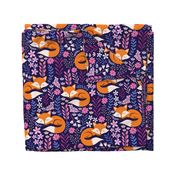 Sleepy Fox Sweet Dreams, Foxes and Floral, Fox Fabric, Cute Fox Print - Dark Indigo