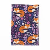 Sleepy Fox Sweet Dreams, Foxes and Floral, Fox Fabric, Cute Fox Print - Dark Indigo