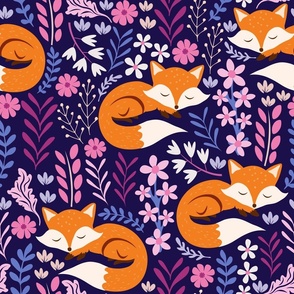 Sleepy Fox Sweet Dreams, Foxes and Floral, Fox Fabric, Cute Fox Print - Dark Indigo