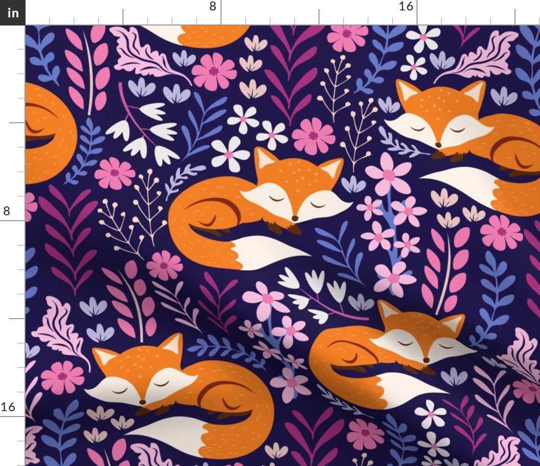 Sleepy Fox Sweet Dreams, Foxes and Floral, Fox Fabric, Cute Fox Print - Dark Indigo