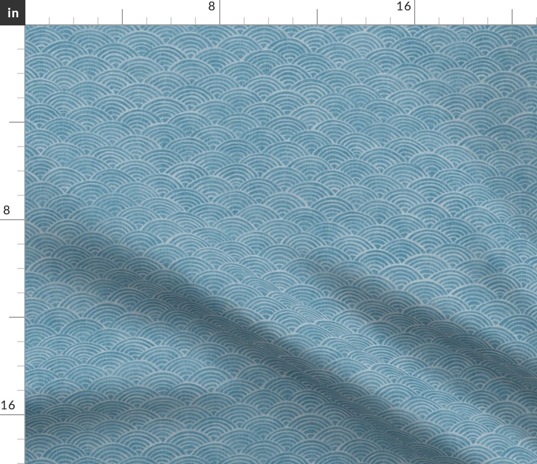 Ocean Waves, Surf in Aqua (large scale) | Sea fabric, hand drawn Japanese wave pattern in turquoise blue, seigaiha fabric, boho print for coastal decor, seaside, beach accessories.