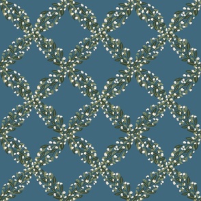 Elegant French Country Daisies in Bloom in a Lattice Design on a Blue Background