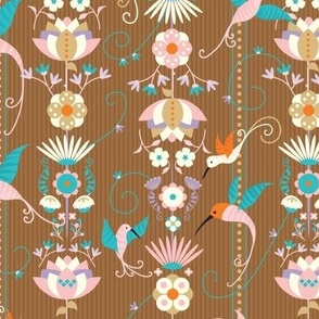 Hummingbirds and flowers in pink cream brown blue bedroom wallpaper