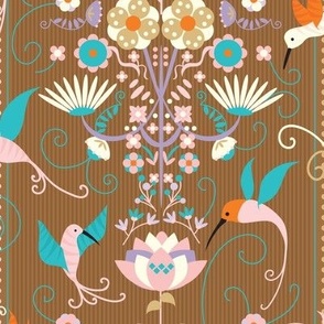 Hummingbirds and flowers in pink cream brown blue bedroom wallpaper