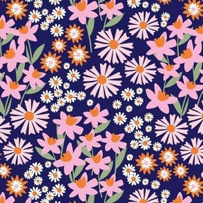 Daffodils daisies lilies and gardenias - Summer patch blossom flowers retro colorful garden pink orange blush on navy blue