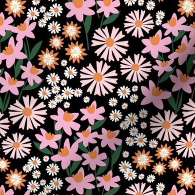 Daffodils daisies lilies and gardenias - Summer patch blossom flowers retro colorful garden pink orange blush pine green on black