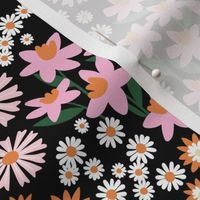 Daffodils daisies lilies and gardenias - Summer patch blossom flowers retro colorful garden pink orange blush pine green on black