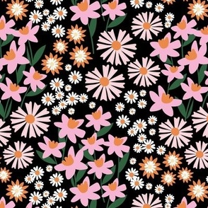 Daffodils daisies lilies and gardenias - Summer patch blossom flowers retro colorful garden pink orange blush pine green on black