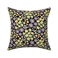 Daffodils daisies lilies and gardenias - Summer patch blossom flowers retro colorful garden lilac yellow jade green on black