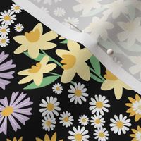 Daffodils daisies lilies and gardenias - Summer patch blossom flowers retro colorful garden lilac yellow jade green on black