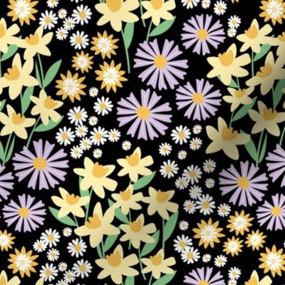 Daffodils daisies lilies and gardenias - Summer patch blossom flowers retro colorful garden lilac yellow jade green on black
