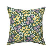 Daffodils daisies lilies and gardenias - Summer patch blossom flowers retro colorful garden lilac yellow jade green on pine