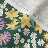 Daffodils daisies lilies and gardenias - Summer patch blossom flowers retro colorful garden lilac yellow jade green on pine