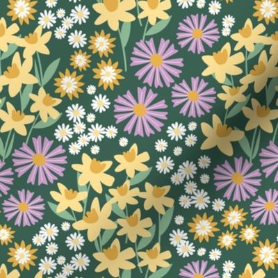 Daffodils daisies lilies and gardenias - Summer patch blossom flowers retro colorful garden lilac yellow jade green on pine