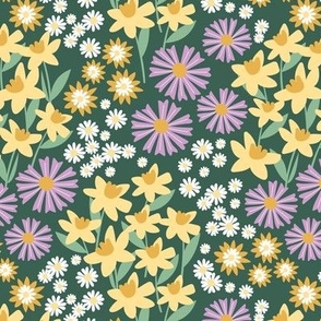 Daffodils daisies lilies and gardenias - Summer patch blossom flowers retro colorful garden lilac yellow jade green on pine