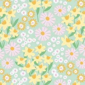 Daffodils daisies lilies and gardenias - Summer patch blossom flowers retro colorful garden pastel mint yellow orange pink powder green