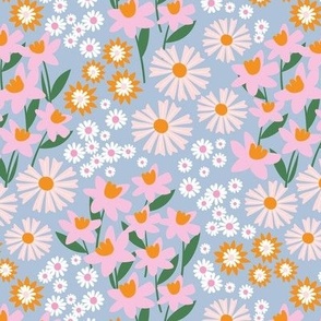 Daffodils daisies lilies and gardenias - Summer patch blossom flowers retro colorful garden pink orange blush on sky blue