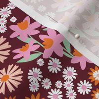 Daffodils daisies lilies and gardenias - Summer patch blossom flowers retro colorful garden pink orange blush on burgundy