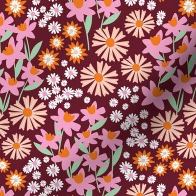 Daffodils daisies lilies and gardenias - Summer patch blossom flowers retro colorful garden pink orange blush on burgundy