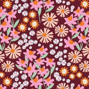Daffodils daisies lilies and gardenias - Summer patch blossom flowers retro colorful garden pink orange blush on burgundy
