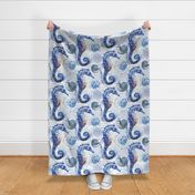 Coastal Seahorse Summer Watercolor Pattern With In Blue White