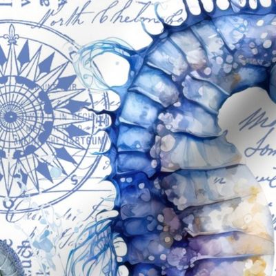 Coastal Seahorse Summer Watercolor Pattern With In Blue White