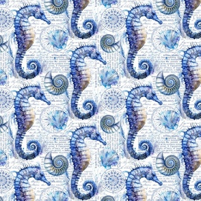 Coastal Seahorse Summer Watercolor Pattern With In Blue White Smaller Scale