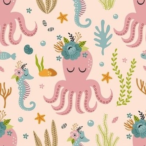 octopus and sea horse with flowers on pink  background