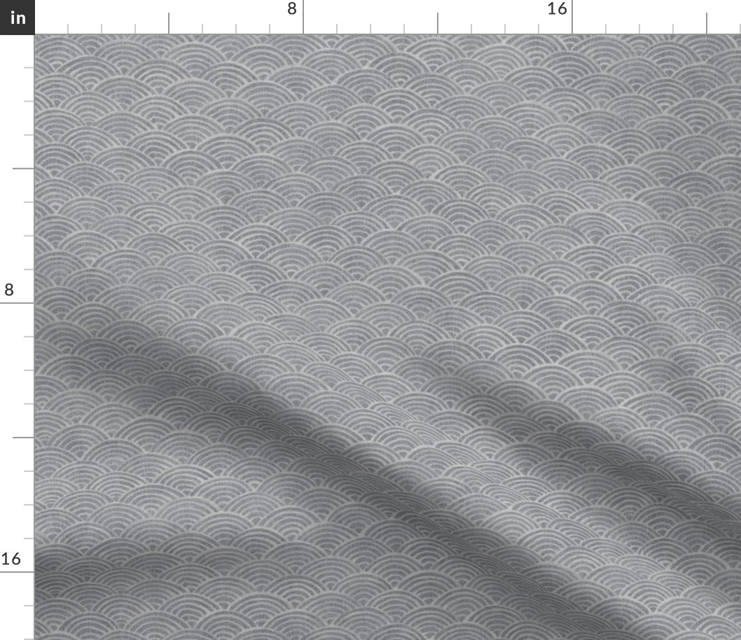 Ocean Waves, Surf in Gray (large scale) | Sea fabric, hand drawn Japanese wave pattern in soft grey, seigaiha fabric, boho print for coastal decor, seaside, neutrals, beach accessories.