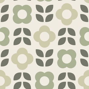 Simple Retro Geometric Flowers | Creamy White, Light Sage Green, Limed Ash, Thistle Green | Floral
