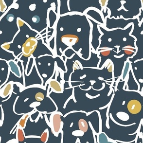 Color Pop Doodle Dogs and Cats Mid Mod Navy Background Colorway, 12in x 18in repeat scale