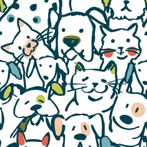 Color Pop Doodle Dogs and Cats Mid Mod Colorway, 24in x 36in repeat scale