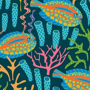 TROPICAL ZONE Coral Reef Fish Undersea Ocean Sea Creatures in Bright Colours on Dark Teal Blue - LARGE Scale - UnBlink Studio by Jackie Tahara